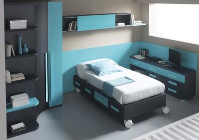 Lit tiroir contemporain gris et bleu sur roulettes