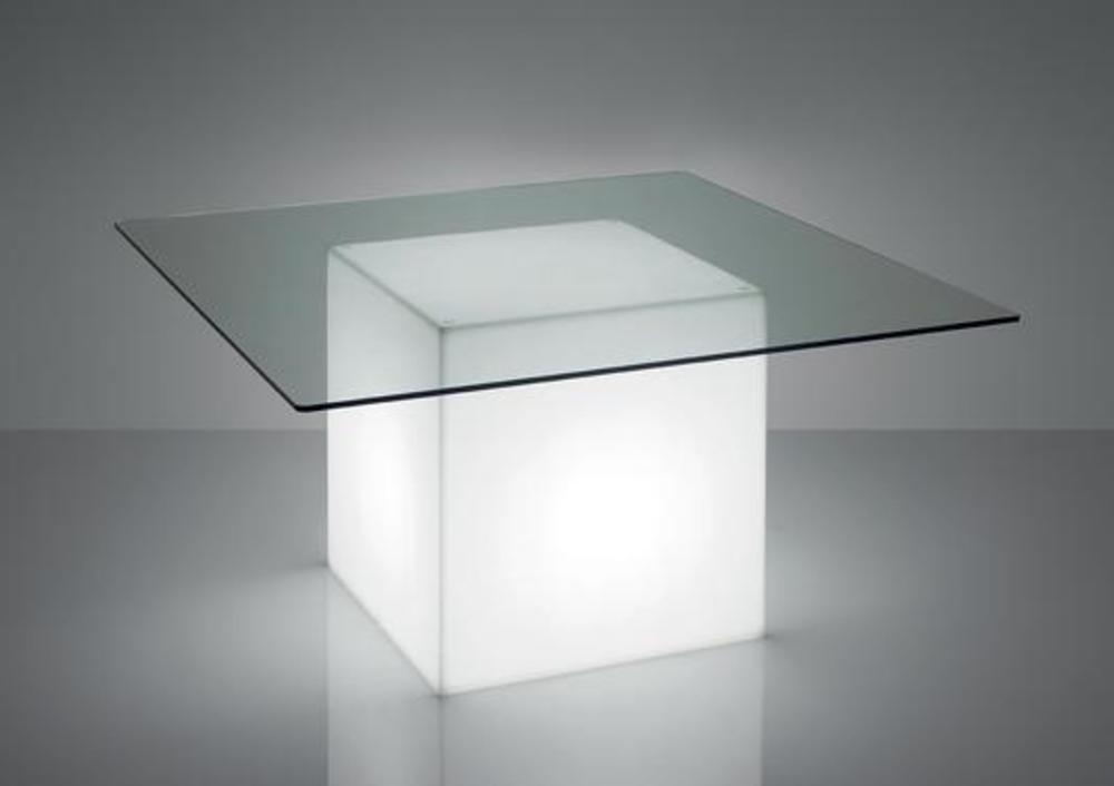 Table avec plateau de verre et pied central carré 3