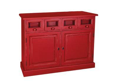 Bahut 2 portes, 4 tiroirs en pin massif rouge