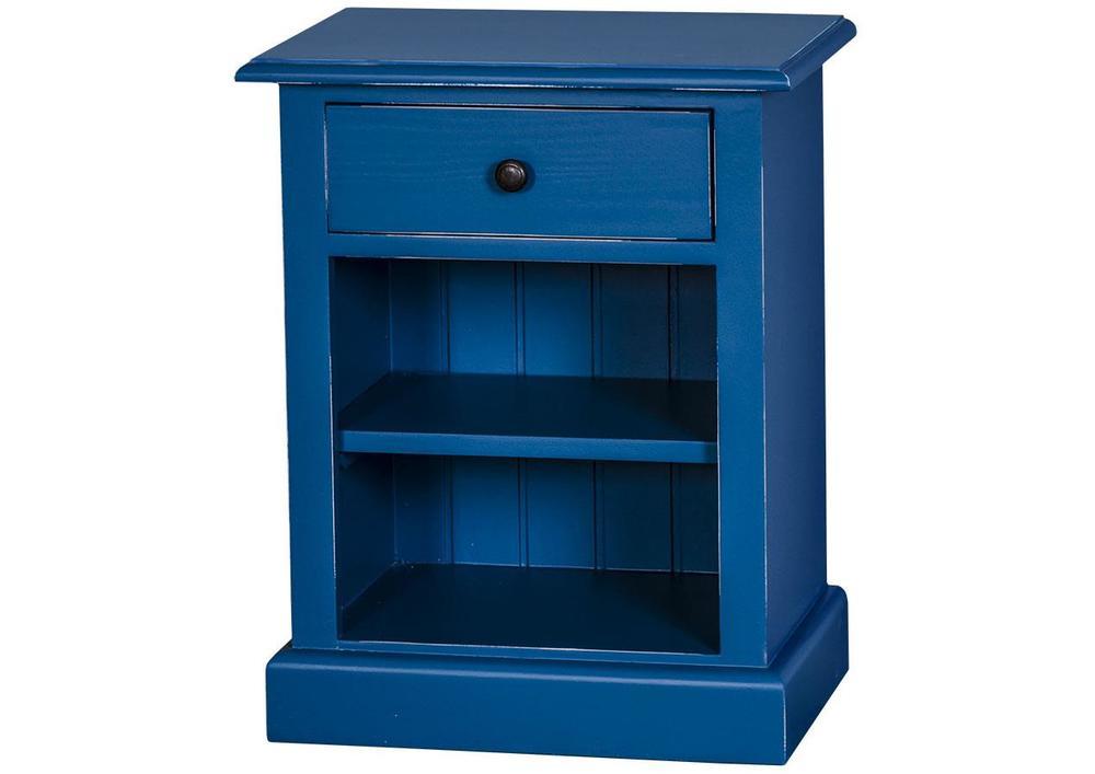 Chevet en pin massif bleu avec 1 tiroir et 1 niche.