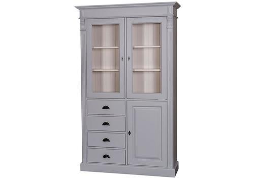 Bibliothèque en pin massif grise avec portes vitrées