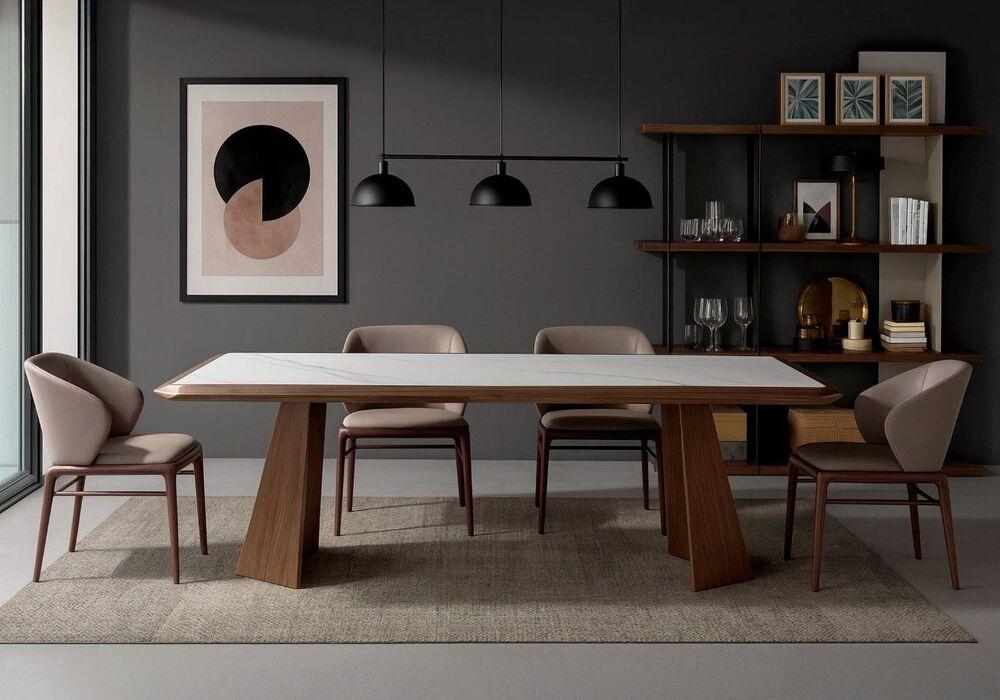 Table au design moderne plateau en marbre de porcelaine et pieds en noyer