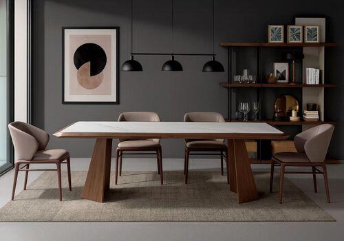 Table au design moderne plateau en marbre de porcelaine et pieds en noyer
