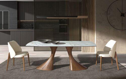 Table de repas pieds design tulipe en noyer et plateau tonneau effet marbre