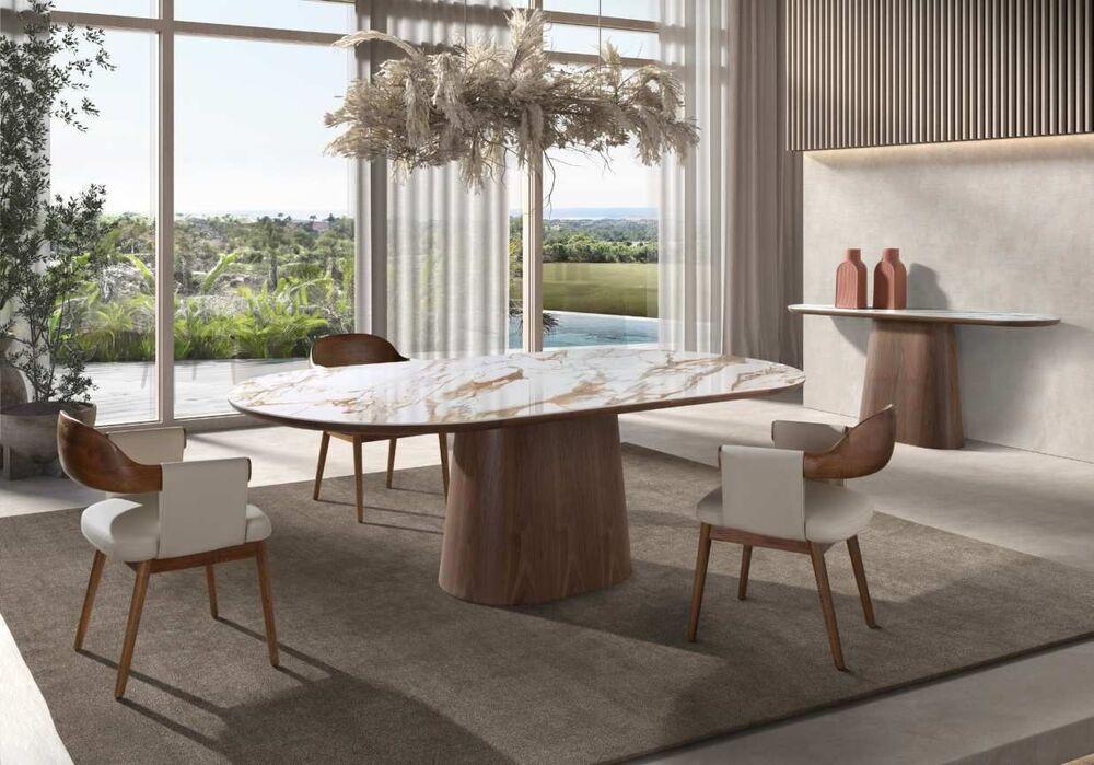Table ovale plateau effet marbre pied central en noyer