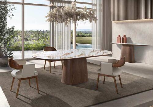 Table ovale plateau effet marbre pied central en noyer