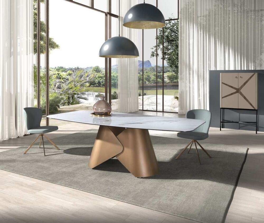 Table de repas plateau tonneau effet marbre blanc pied design en bronze