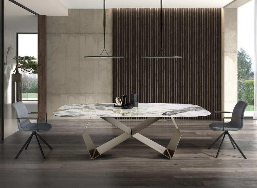 Table tonneau plateau effet marbre pied design couleur champagne
