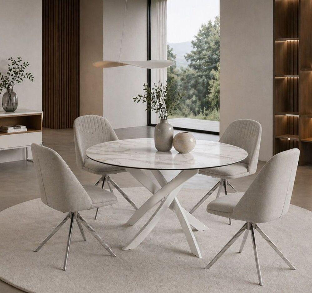 Table de repas ronde plateau effet marbre blanc pieds entrecroisés