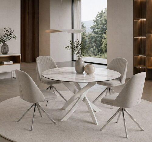 Table de repas ronde plateau effet marbre blanc pieds entrecroisés