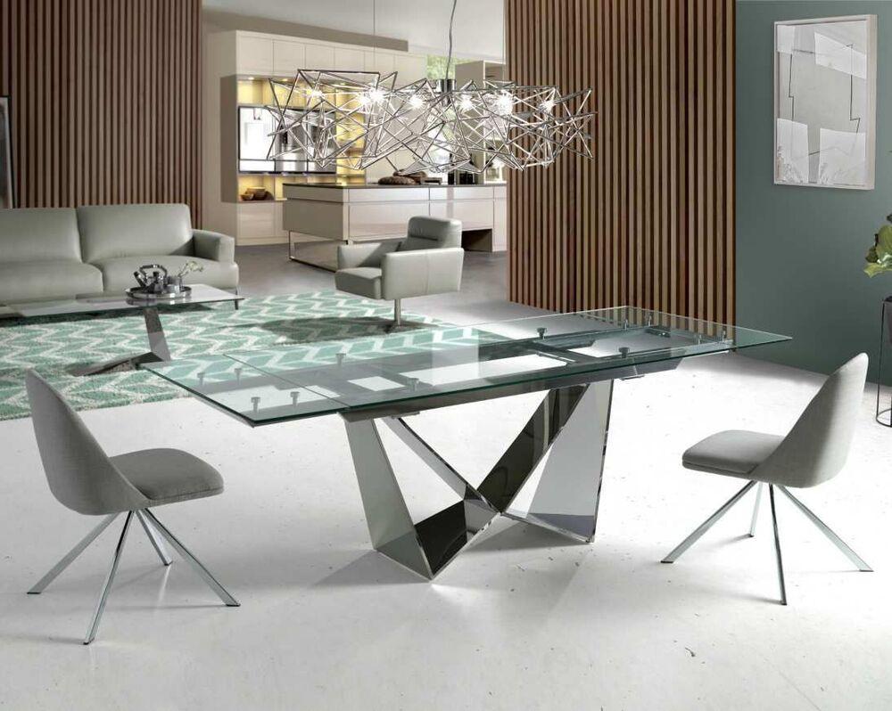 Table à manger plateau verre extensible pied original en acier chromé
