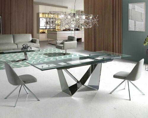 Table à manger plateau verre extensible pied original en acier chromé