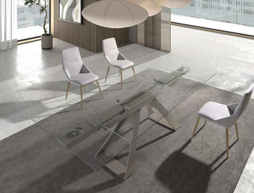 Table de salle à manger plateau verre extensible pieds géométrique en acier