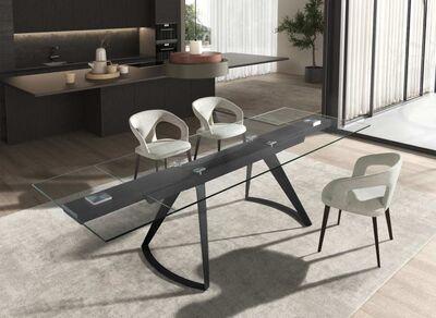 Table extensible plateau verre pieds fins géométrique en acier noir