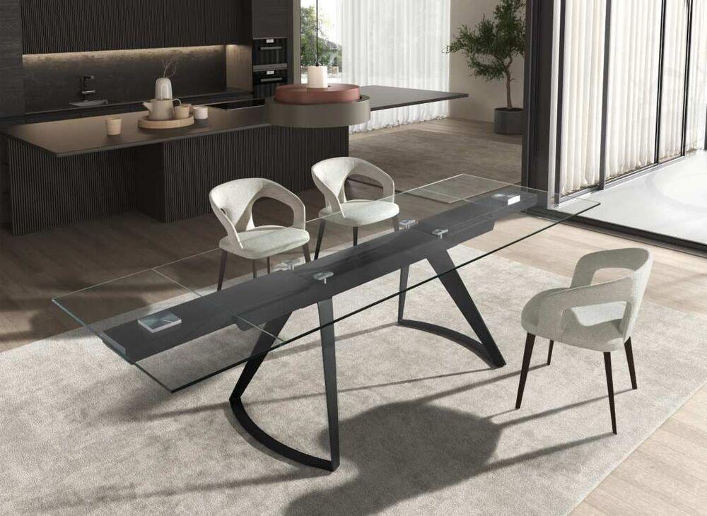 Table extensible plateau verre pieds fins géométrique en acier noir