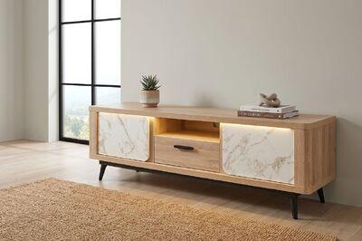 Meuble TV 2 portes 1 niche chêne naturel et effet marbre blanc