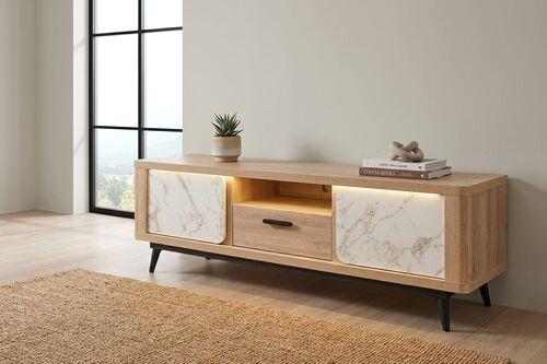 Meuble TV 2 portes 1 niche chêne naturel et effet marbre blanc
