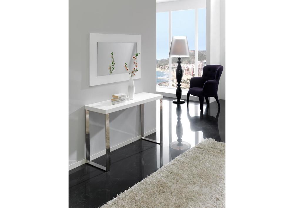 Console moderne laquée blanche, pieds chromé
