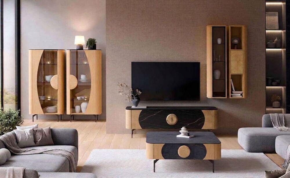 Meuble TV arrondi 2 portes en bois et céramique