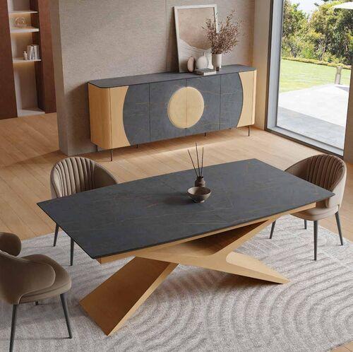 Table à manger extensible plateau céramique et piètement sculptural en bois